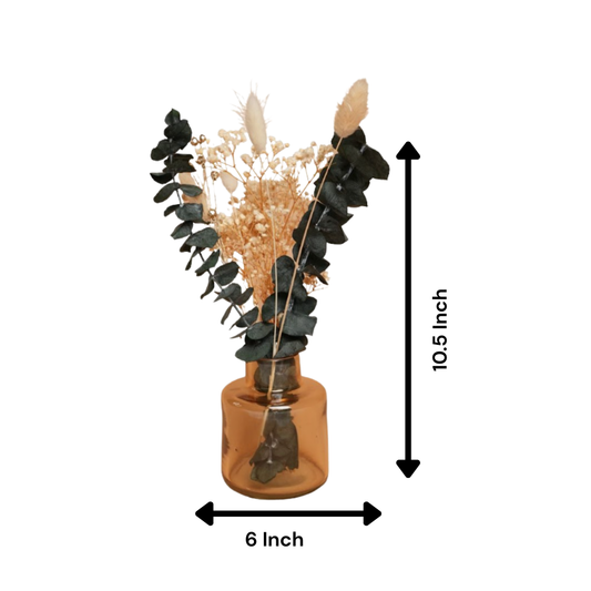 little blossom vase with dried flower bunch in mini glass vase