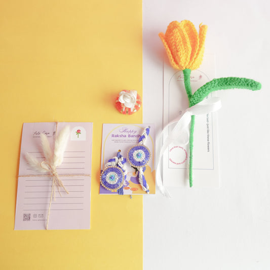 Handcrafted Tulip crochet Rakhi hamper (yellow)