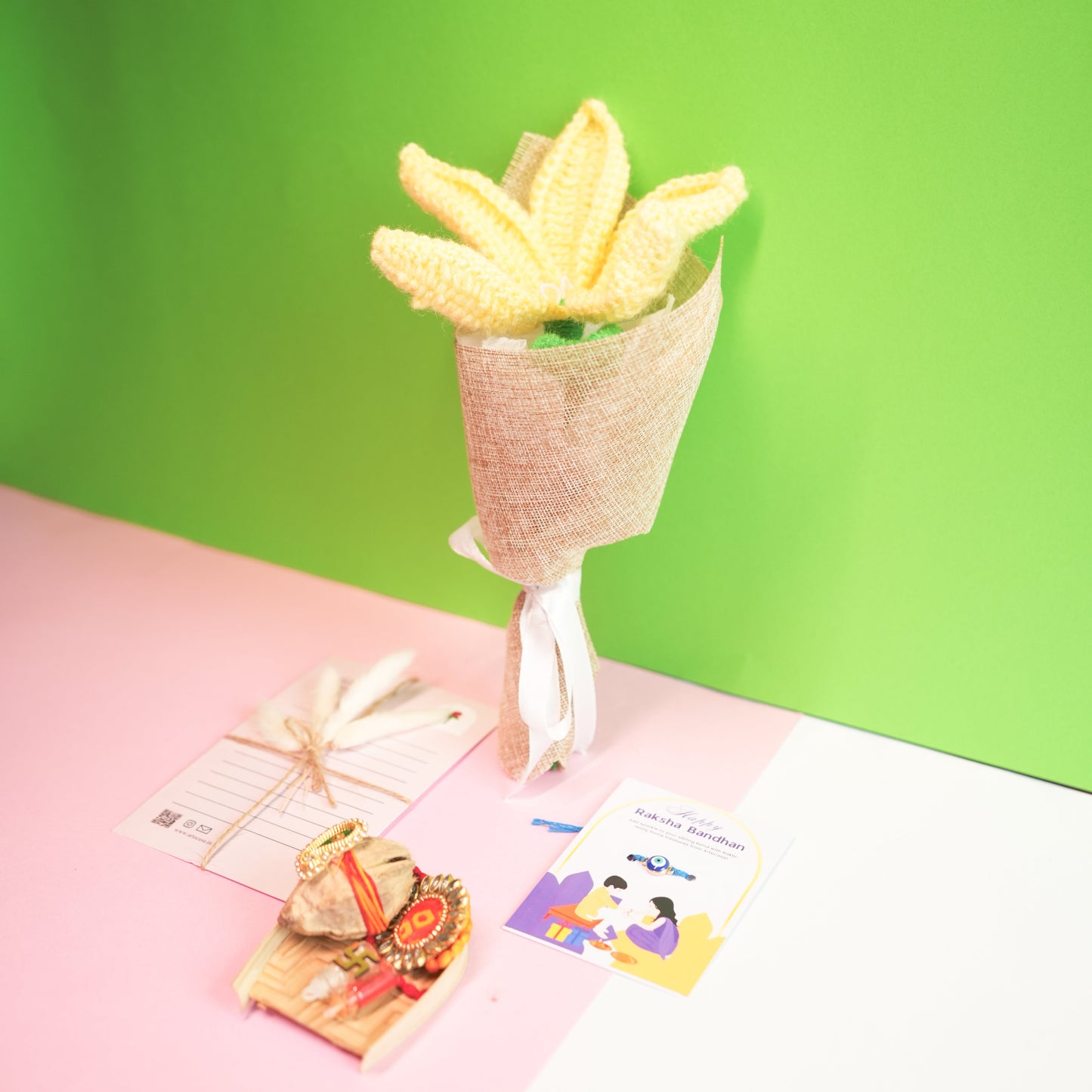 Handcrafted crochet lily Rakhi hamper (Yellow)