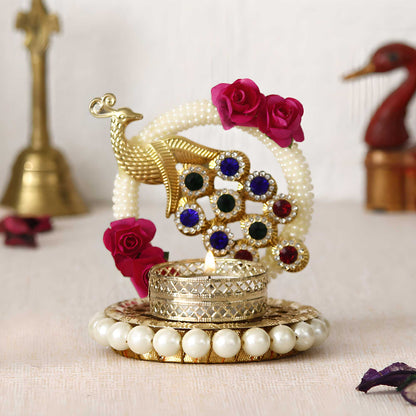 eCraftIndia Metal Peacock With Stones Handcrafted Tea Light Holder