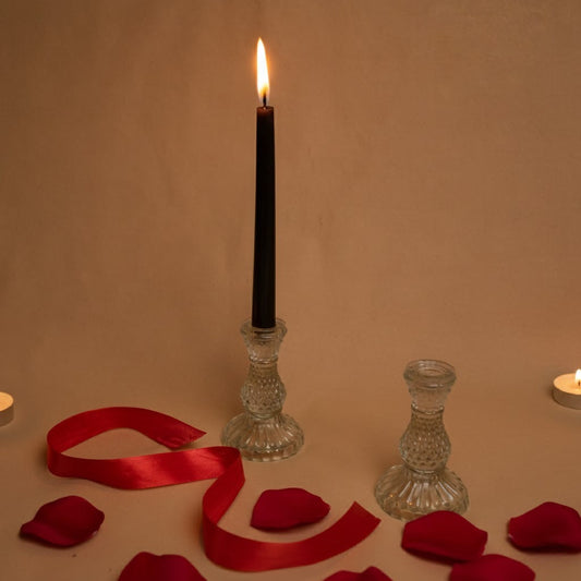 black taper candle set, midnight flame candle, luxury candle stand, modern home decor candle, Ora Home Decor decor, romantic candle set