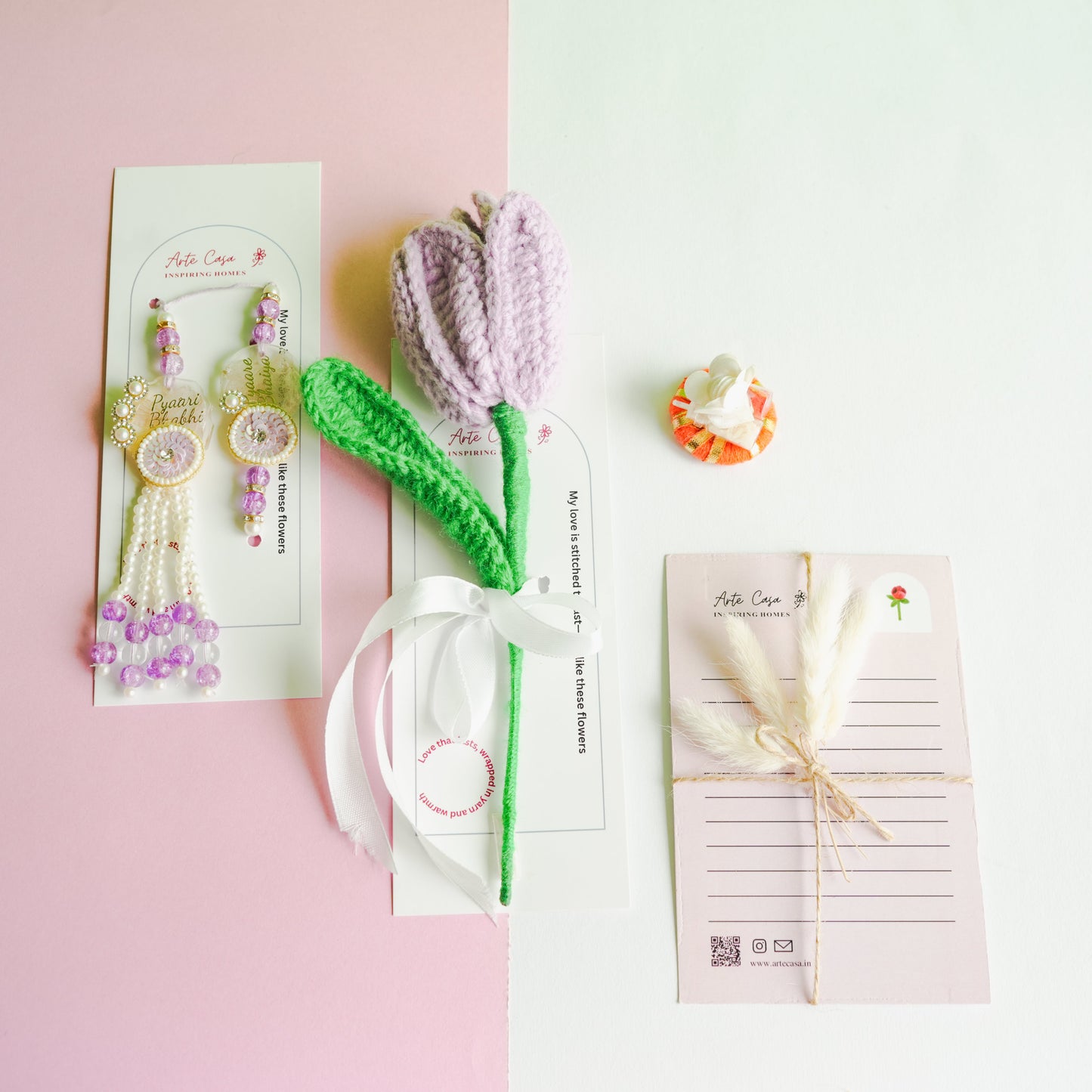 Handcrafted Tulip crochet Rakhi hamper (Light Purple)