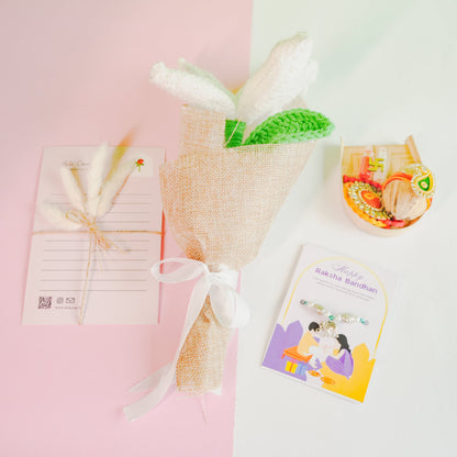 Handcrafted crochet lily Rakhi hamper (White)