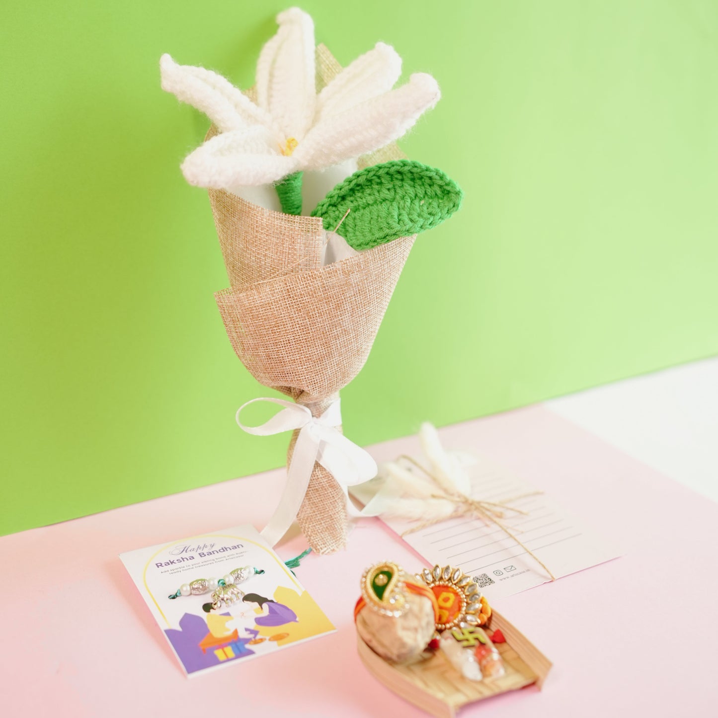 Handcrafted crochet lily Rakhi hamper (White)