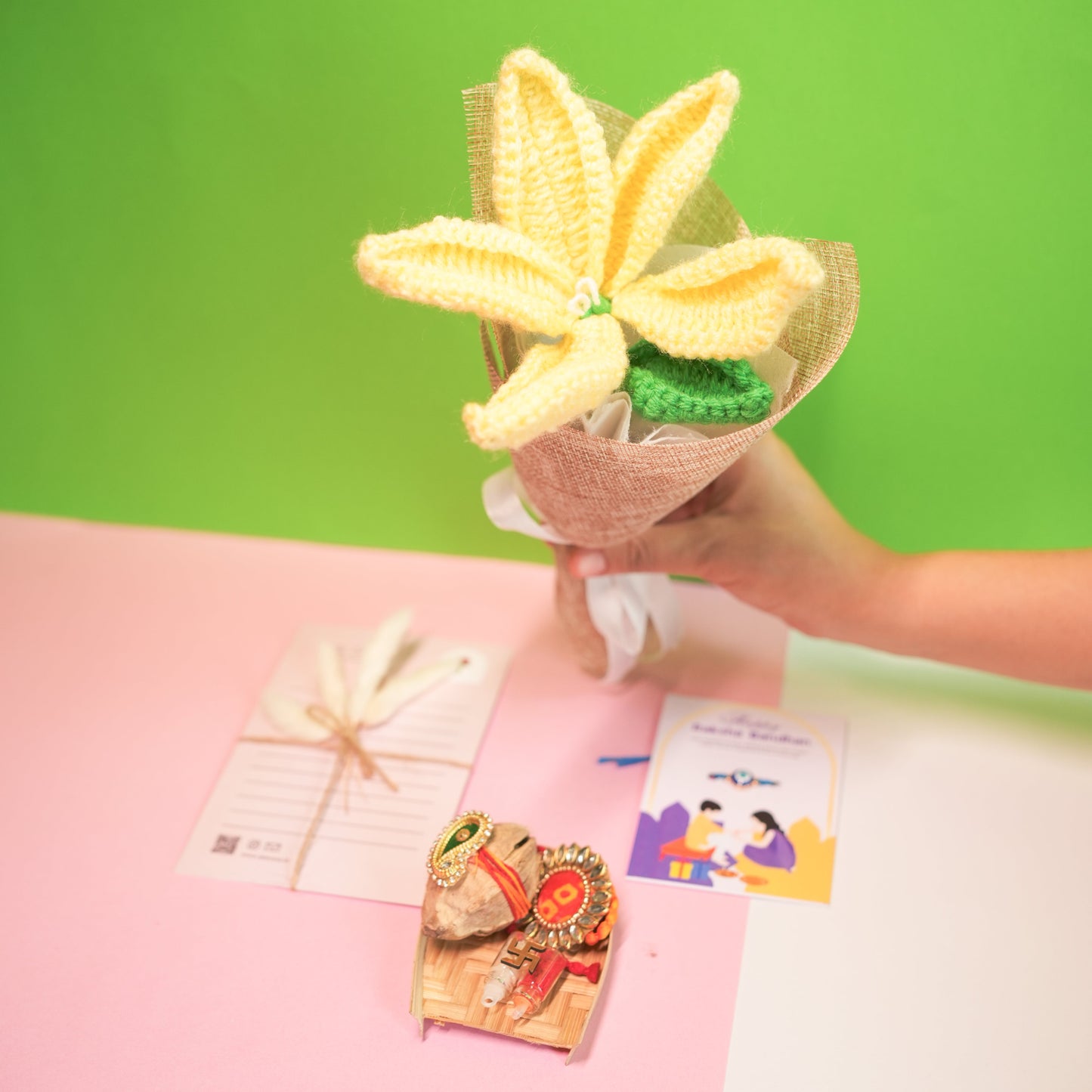 Handcrafted crochet lily Rakhi hamper (Yellow)