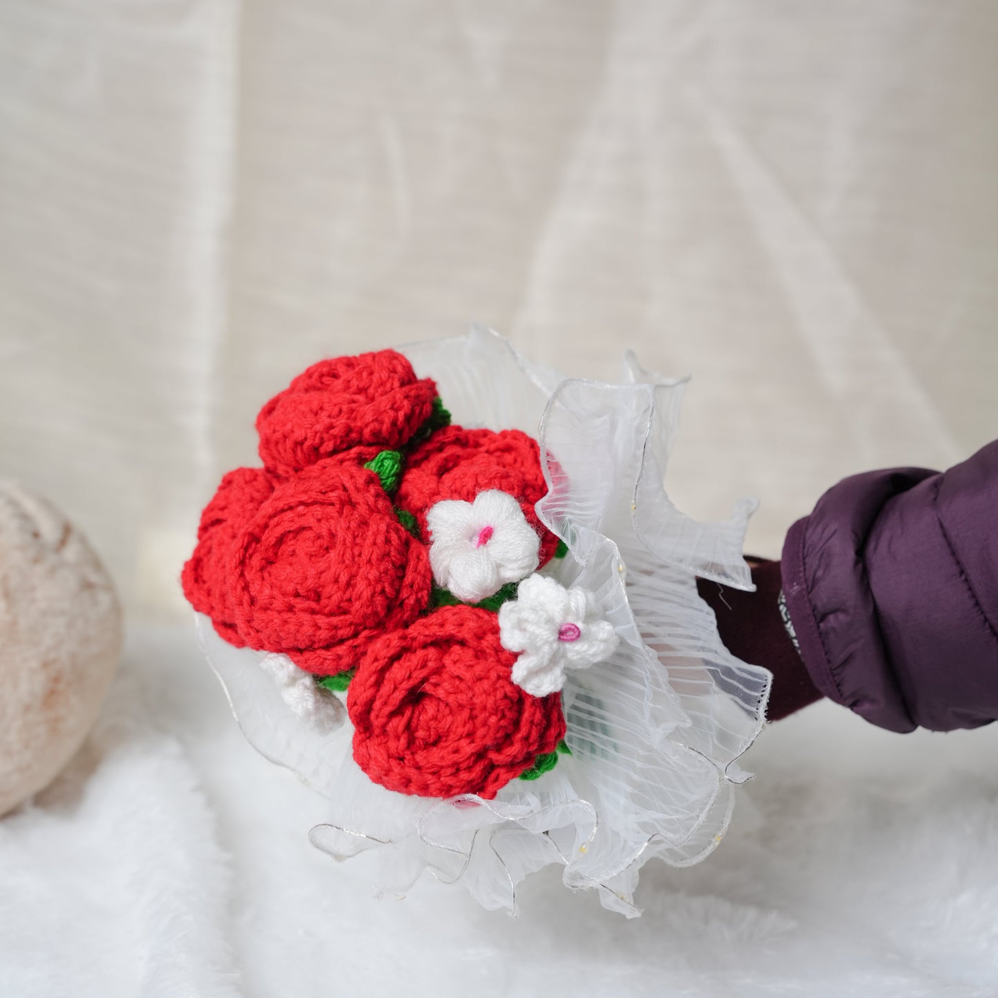 Radiant Red Rose Bloom – Handcrafted Crochet  with LED Glow | Ora Home Decor