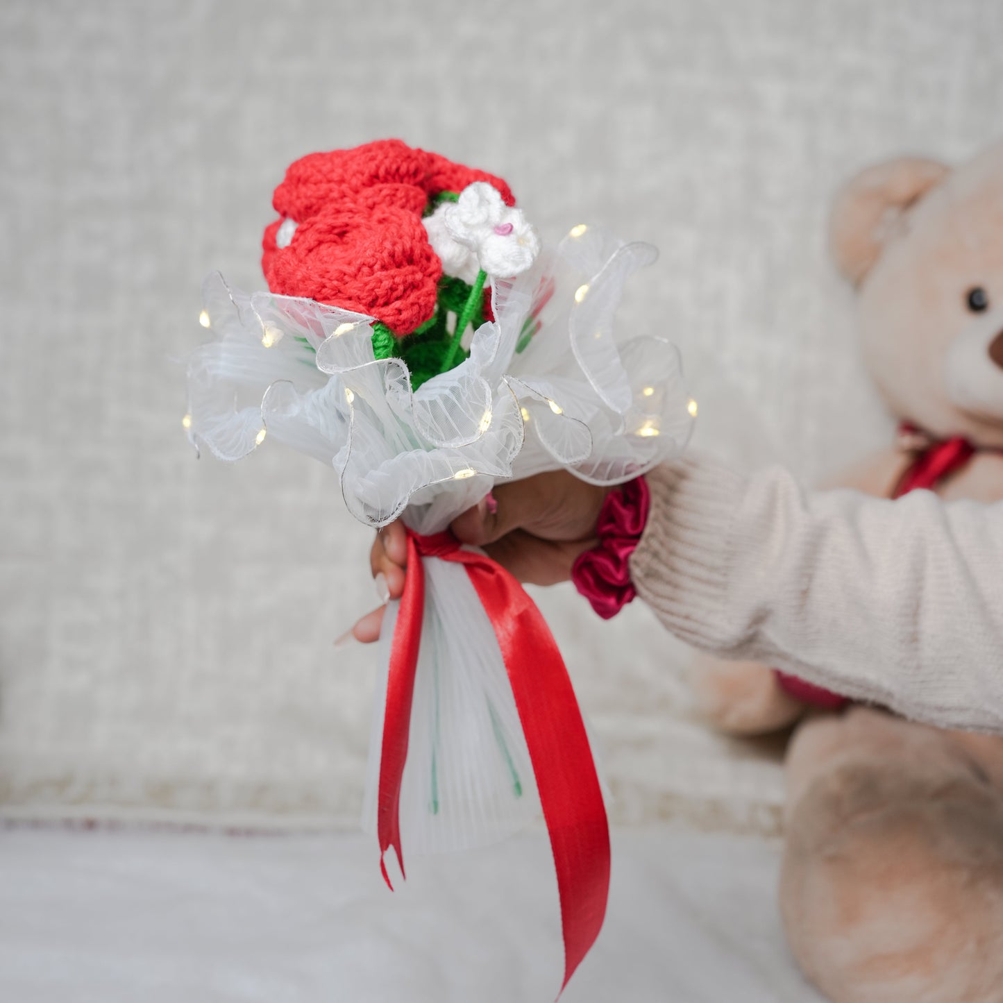 Radiant Red Rose Bloom – Handcrafted Crochet  with LED Glow | Ora Home Decor