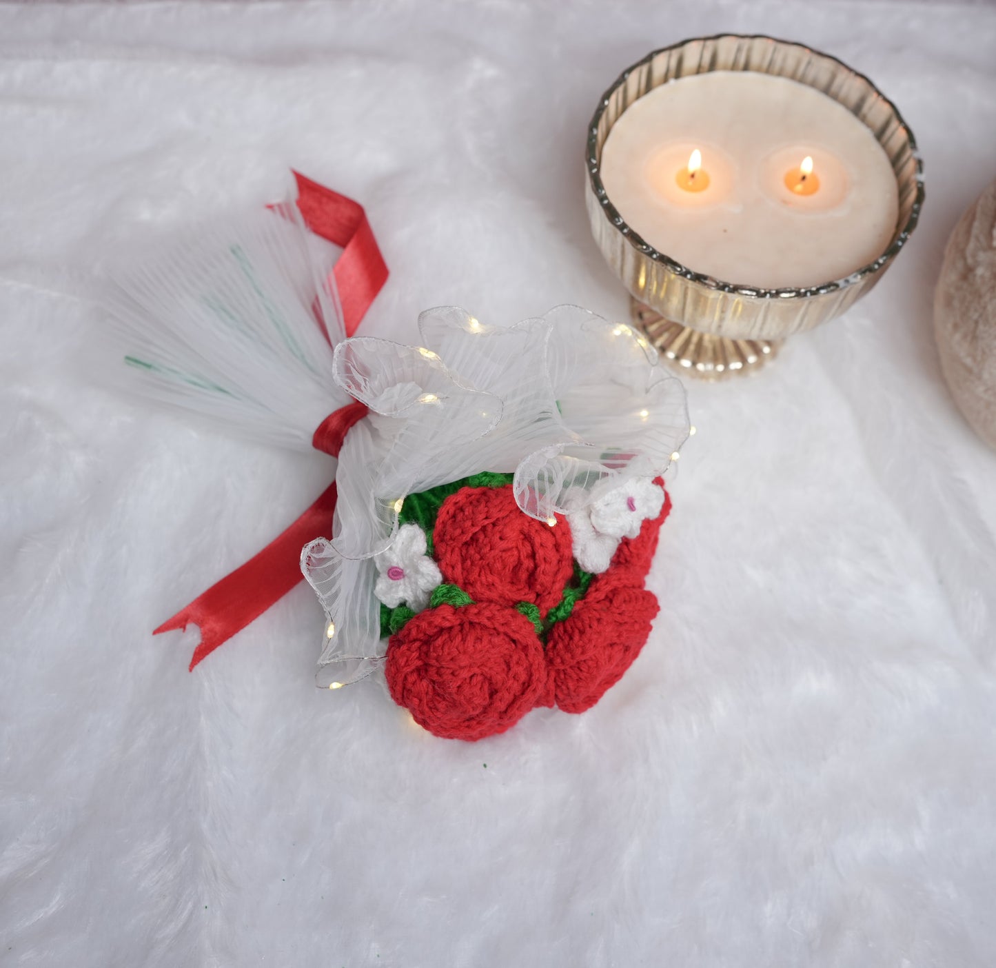 Radiant Red Rose Bloom – Handcrafted Crochet  with LED Glow | Ora Home Decor