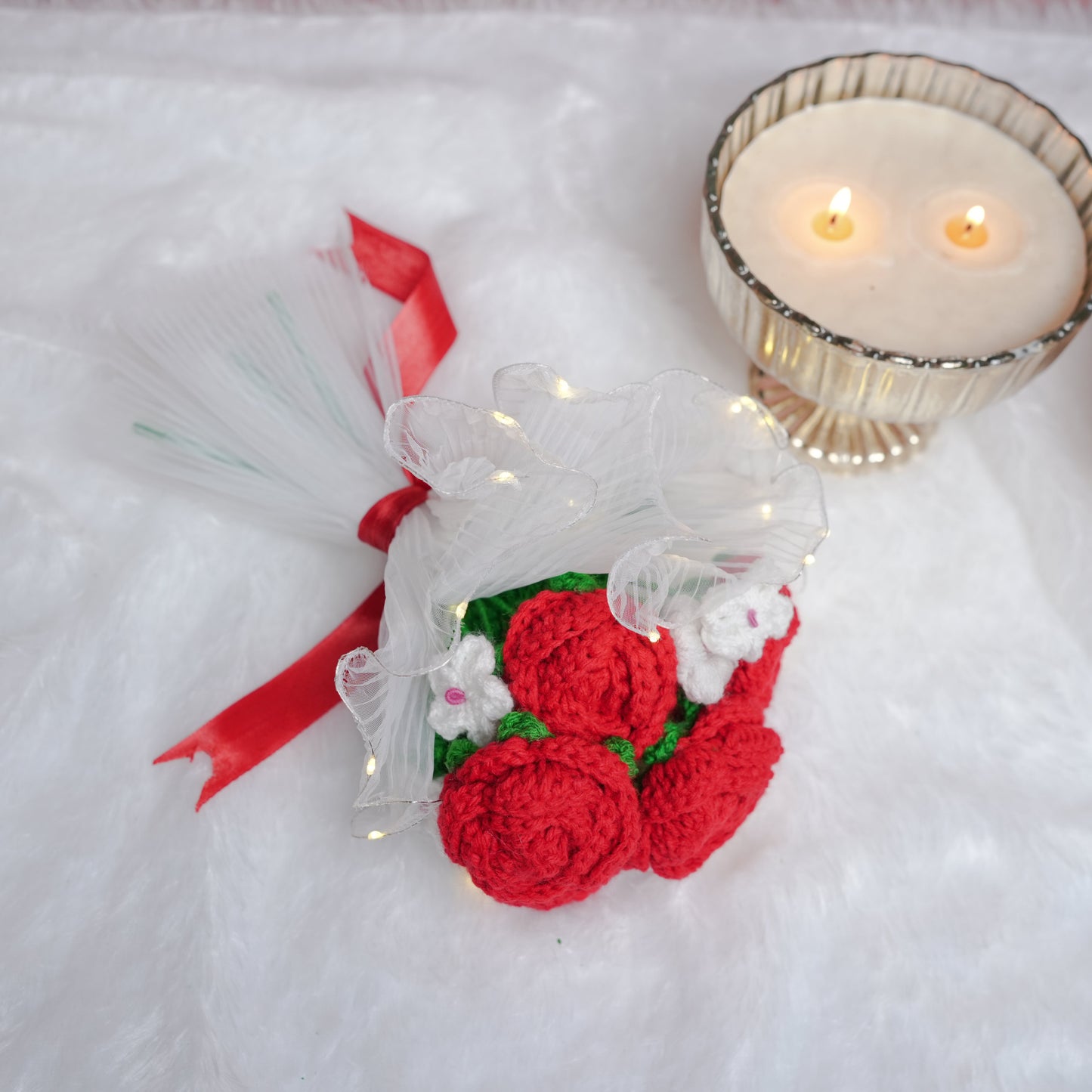 Radiant Red Rose Bloom – Handcrafted Crochet  with LED Glow | Ora Home Decor