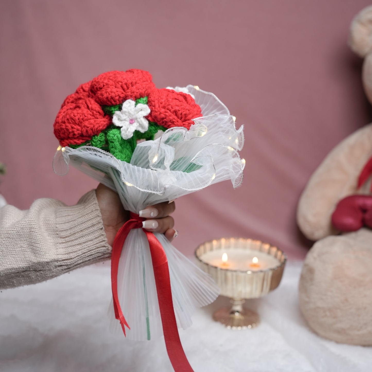 Radiant Red Rose Bloom – Handcrafted Crochet  with LED Glow | Ora Home Decor