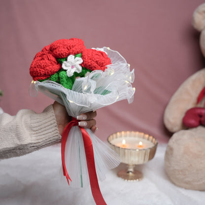 Radiant Red Rose Bloom – Handcrafted Crochet  with LED Glow | Ora Home Decor