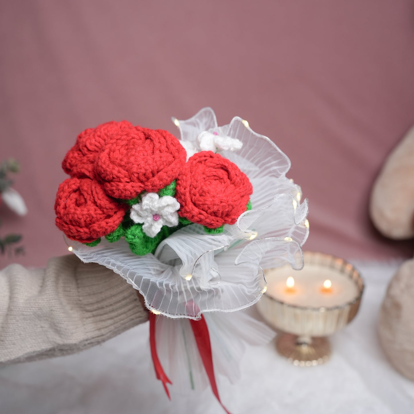 Radiant Red Rose Bloom – Handcrafted Crochet  with LED Glow | Ora Home Decor