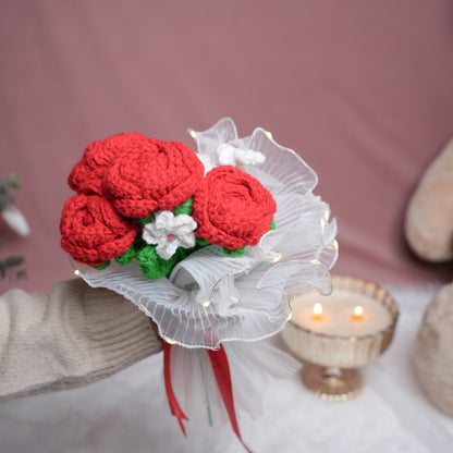Radiant Red Rose Bloom – Handcrafted Crochet  with LED Glow | Ora Home Decor