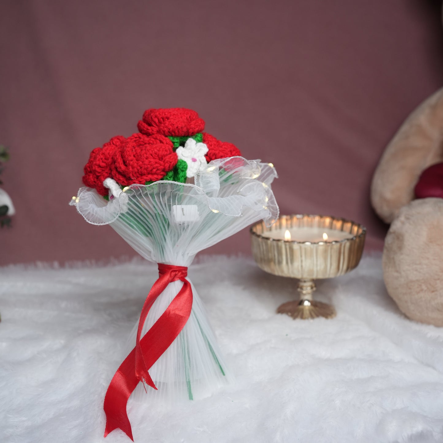 Radiant Red Rose Bloom – Handcrafted Crochet  with LED Glow | Ora Home Decor