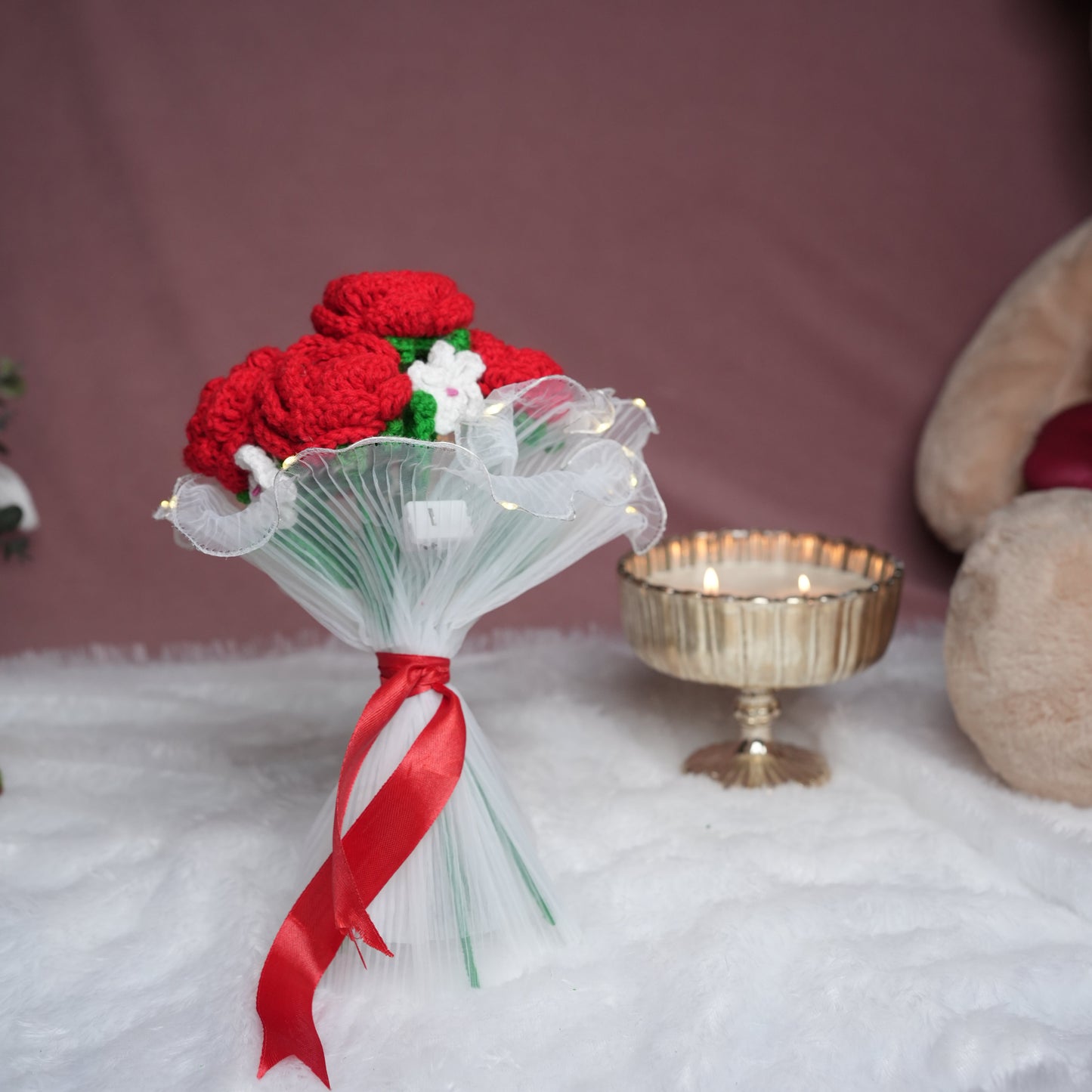 Radiant Red Rose Bloom – Handcrafted Crochet  with LED Glow | Ora Home Decor
