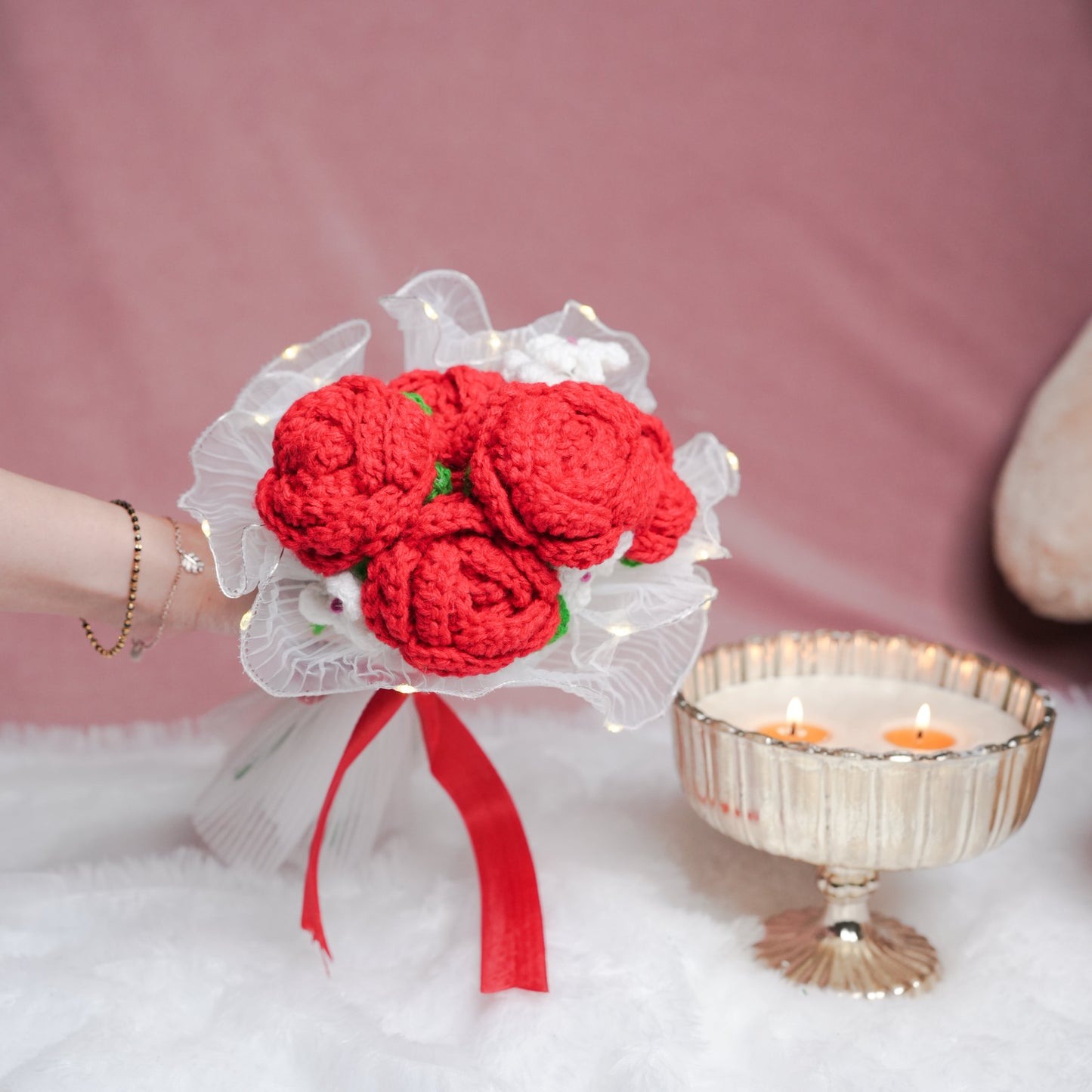 Radiant Red Rose Bloom – Handcrafted Crochet  with LED Glow | Ora Home Decor