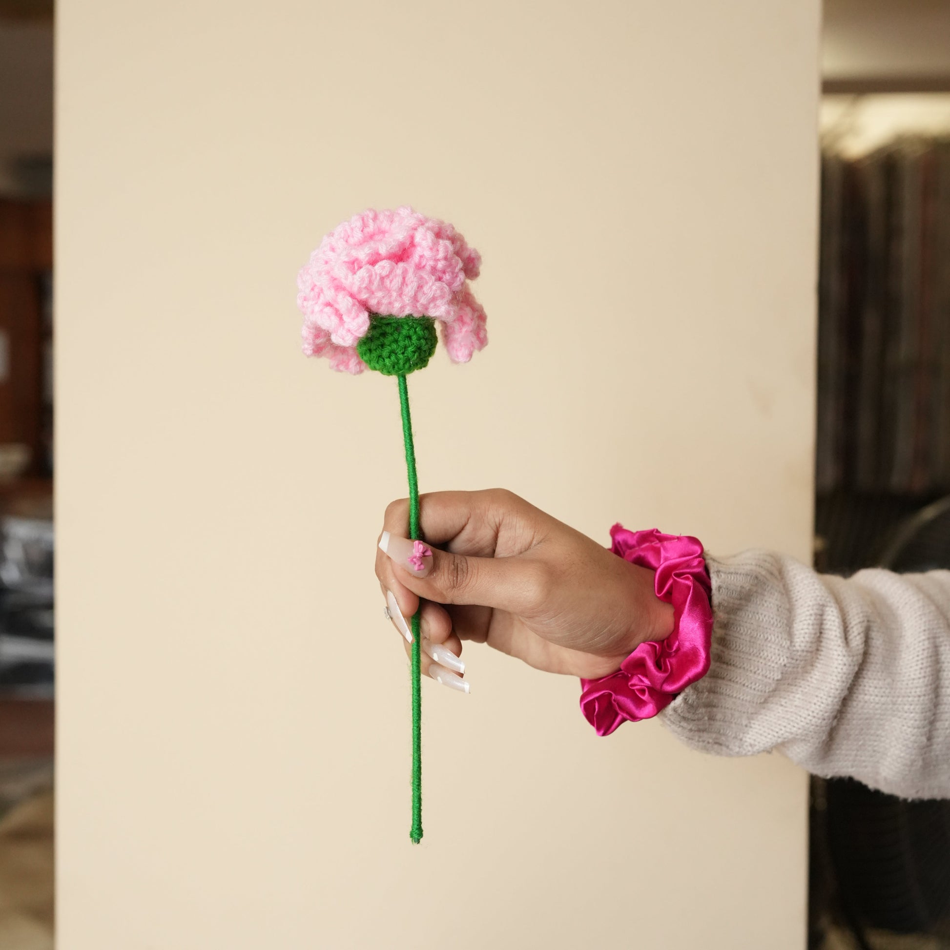 pink carnation crochet flower handcrafted decor by Ora Home Decor